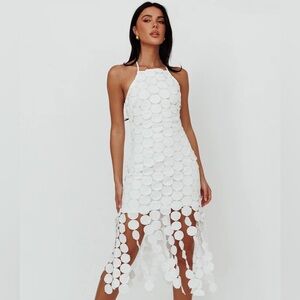 NWT Mainstrip Halter Circle Fringe Crochet White Midi Dress. Size Large